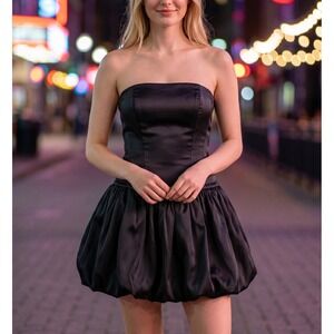 Tenshoppe Satin Laced Back Dress Womens Large‎ Black Strapless Corset Bubble Hem